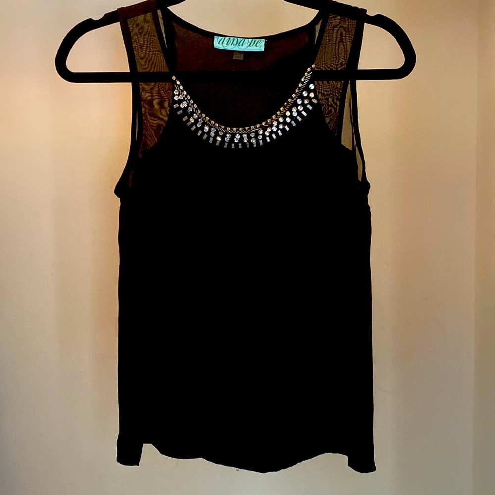 Black sleeve less sheet top, detailed with misc sequins and faux diamonds